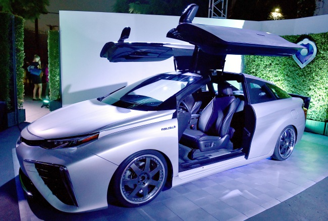 Toyota displays a customized Time Machine at the launch of the Toyota Mirai fuel cell vehicle at Quixote Studios on Tuesday, Oct. 20, 2015, in West Hollywood, Calif. (Photo by Jordan Strauss/Invision for Toyota/AP Images)